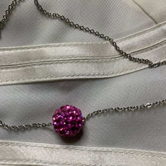 Pink pave crystal ball choker necklace on a silver tone chain - Picture 2 of 5